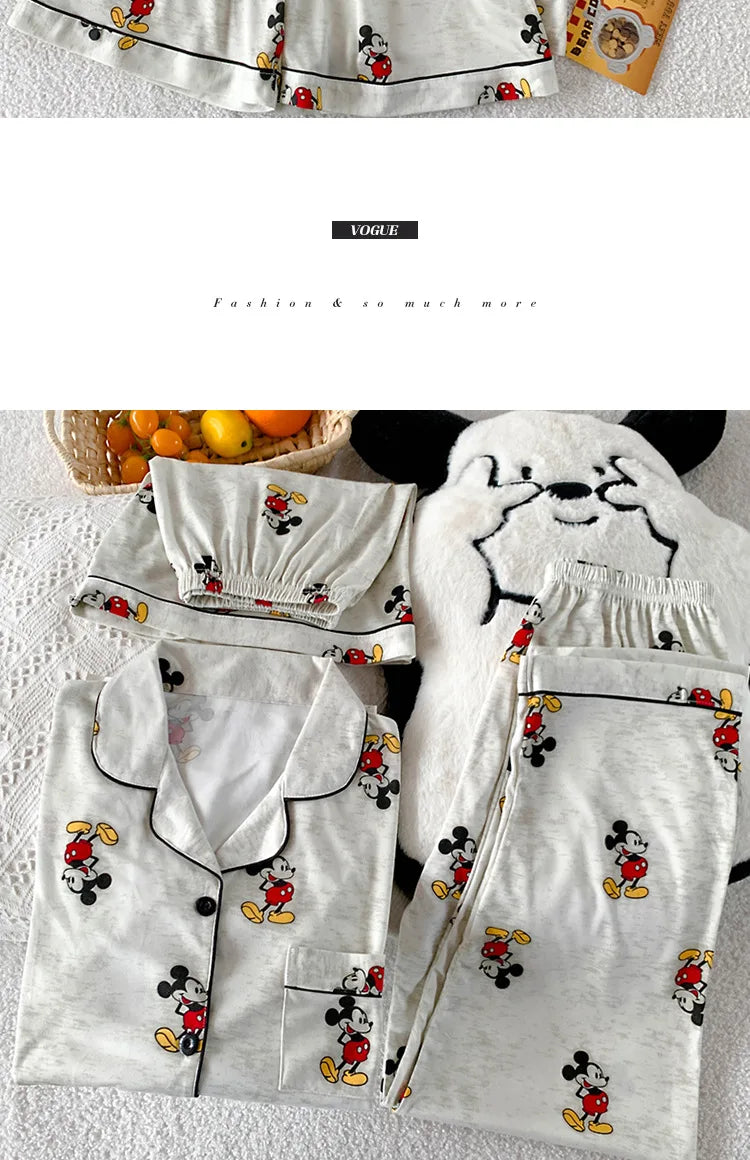 3Pcs Mickey Mouse Pajama Set Women's Summer Short-Sleeved Cute Sleepwear Autumn Student Home Clothes Three-Piece Set Nightgown.