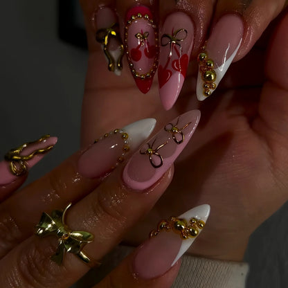 24Pc False Nails with Glue Almond Black Red Gradient Design Detachable Rhinestone Acrylic Fake Nail Long Stiletto Press on Nails