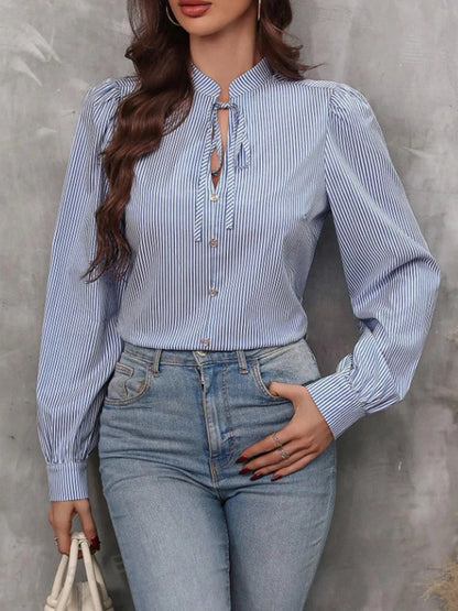 Women V-Neck Button Down Long Sleeve Top Solid Color Striped Shirt Office Lady Work Clothes.