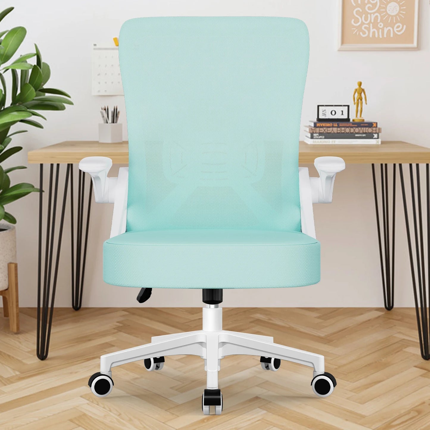 AUTHMIC Ergonomischer Netz-Bürostuhl mit Lordosenstütze, hochklappbaren Armlehnen, verstellbarer und höhenverstellbar für den Schreibtisch zu Hause – Blaugrün