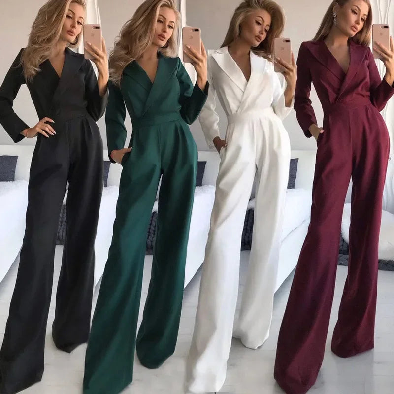 Slim Fit One Piece Pants V Neck Solid Color Long Pants Autumn New Style Commuter Women's Clothing Pure Color Overalls.