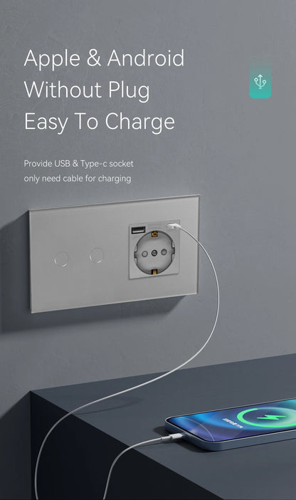 Bseed EU-Standard 1/2/3 Gang Licht-Touch-Schalter Home Wandschalter Graues Glas Sensorschalter Typ-C USB-Stromladebuchsen.