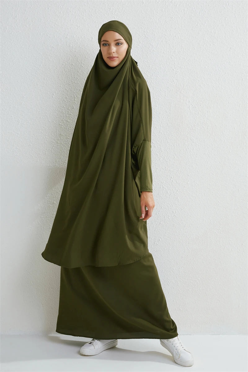 Muslim Sets Two Pieces Prayer Clothing Long Hooded Smocking Sleeve Shirts Hijab Loose Maxi Skirts Elastic Waist Women Abaya Sets.