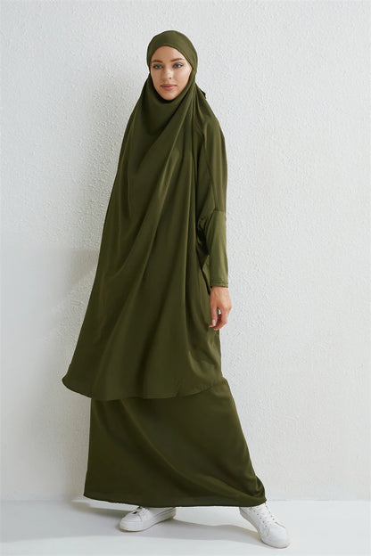 Muslim Sets Two Pieces Prayer Clothing Long Hooded Smocking Sleeve Shirts Hijab Loose Maxi Skirts Elastic Waist Women Abaya Sets.