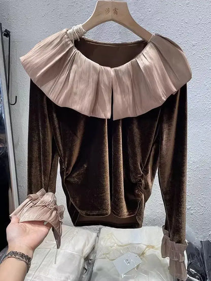 Autumn Korean Patchwork Solid Color Peter Pan Collar T-Shirts Female Temperament Ruffles T-Shirts Women Clothing All-match Tops.