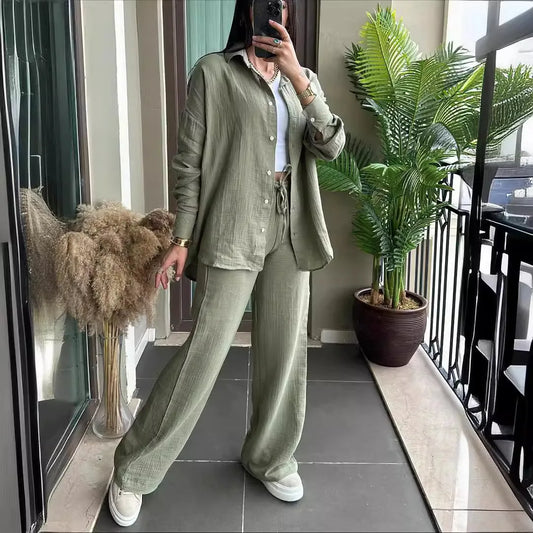 Casual Loose Shirt And Pants Two Piece Sets Women Fashion Solid Long Sleeve Shirts Outfits Autumn Winter Wide Leg Pants Sets.
