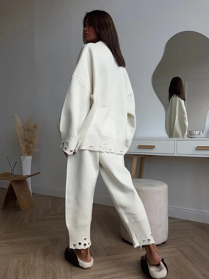 Two Piece Ripped Set Women Knit Tracksuits O Neck Long Sleeve Casual Baggy Sweatshirts+ Joggers Pants Outfits 2025 Fall Winter.