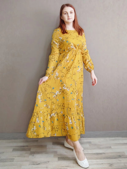 Frühling Sommer Frauen Maxi Kleider Casual Volle Hülse Floral Gedruckt Oansatz Frau Bohe Strand Party Lange Kleid Mujer Vestidos