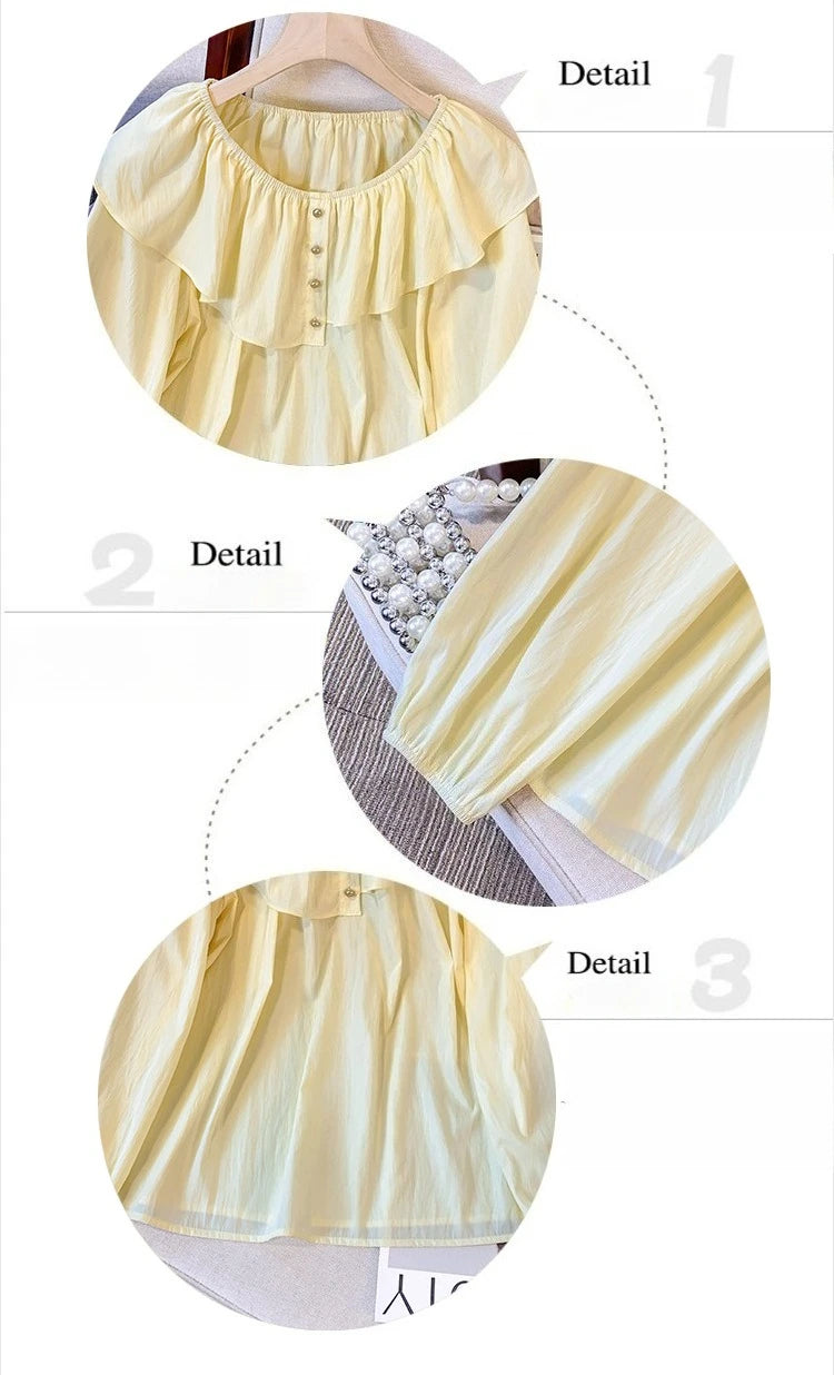 2025 French Large Size Long Sleeve O-neck Solid Color Loose Ruffle Shirt Ladies Spring Autumn Plus Size Blouses for Women.