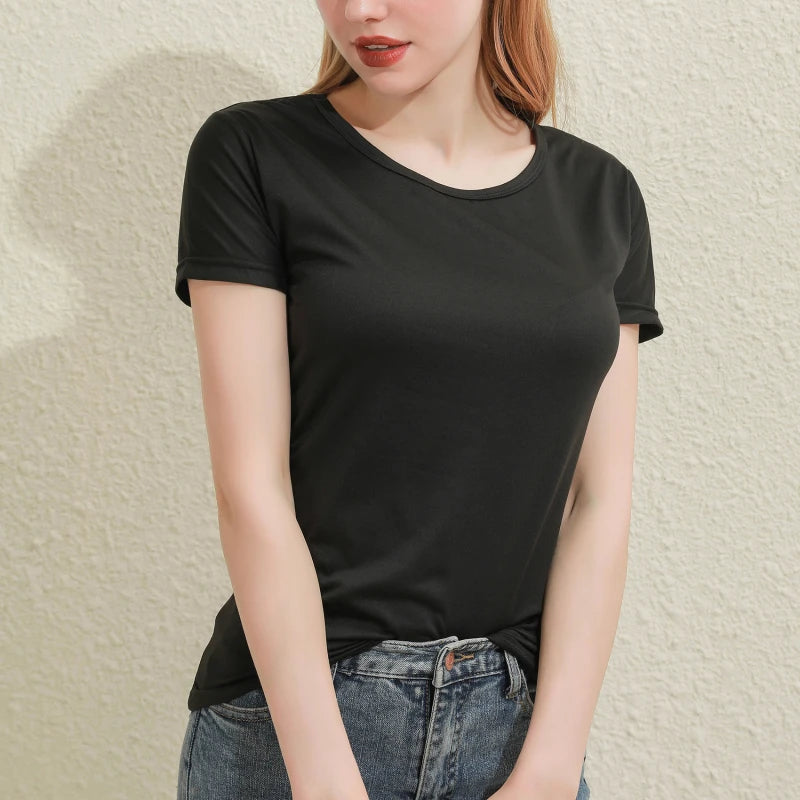 2024 Kurze T-Shirts Sommer Damen Kurzarm Rundhals Casual Bluse Shirts Einfarbig Tops Schwarz / Weiß