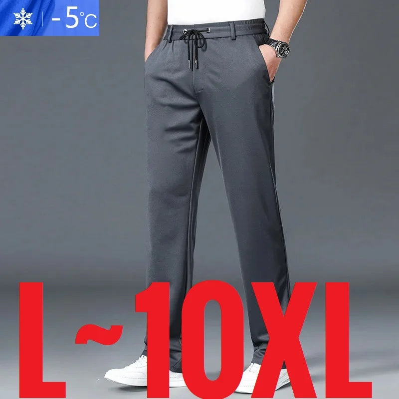 10XL Big Size Men's Summer Casual Pants Straight Fit Elastic Waist Trouser Male Classic Office Plus Large Stretch Zipper Pocket.