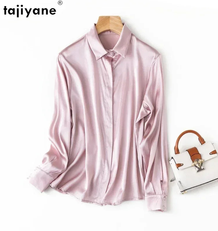 Tajiyane Damen-Langarmshirt aus 93 % Maulbeerseide, 7 % Elasthan, 19 Momme, Satin-Seidenknöpfe, Oberteil, Bluse, Büroarbeit, Chemise Femme