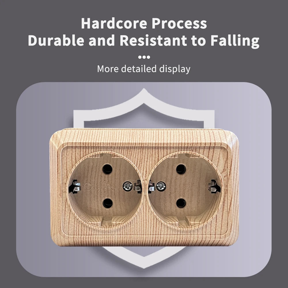Holzfarbe, Wandoberfläche, 2-Steckdosen, Stecker, EU-Außensteckdosen mit Erdung, Steckdose für den Außenbereich, flammhemmender Kunststoff.