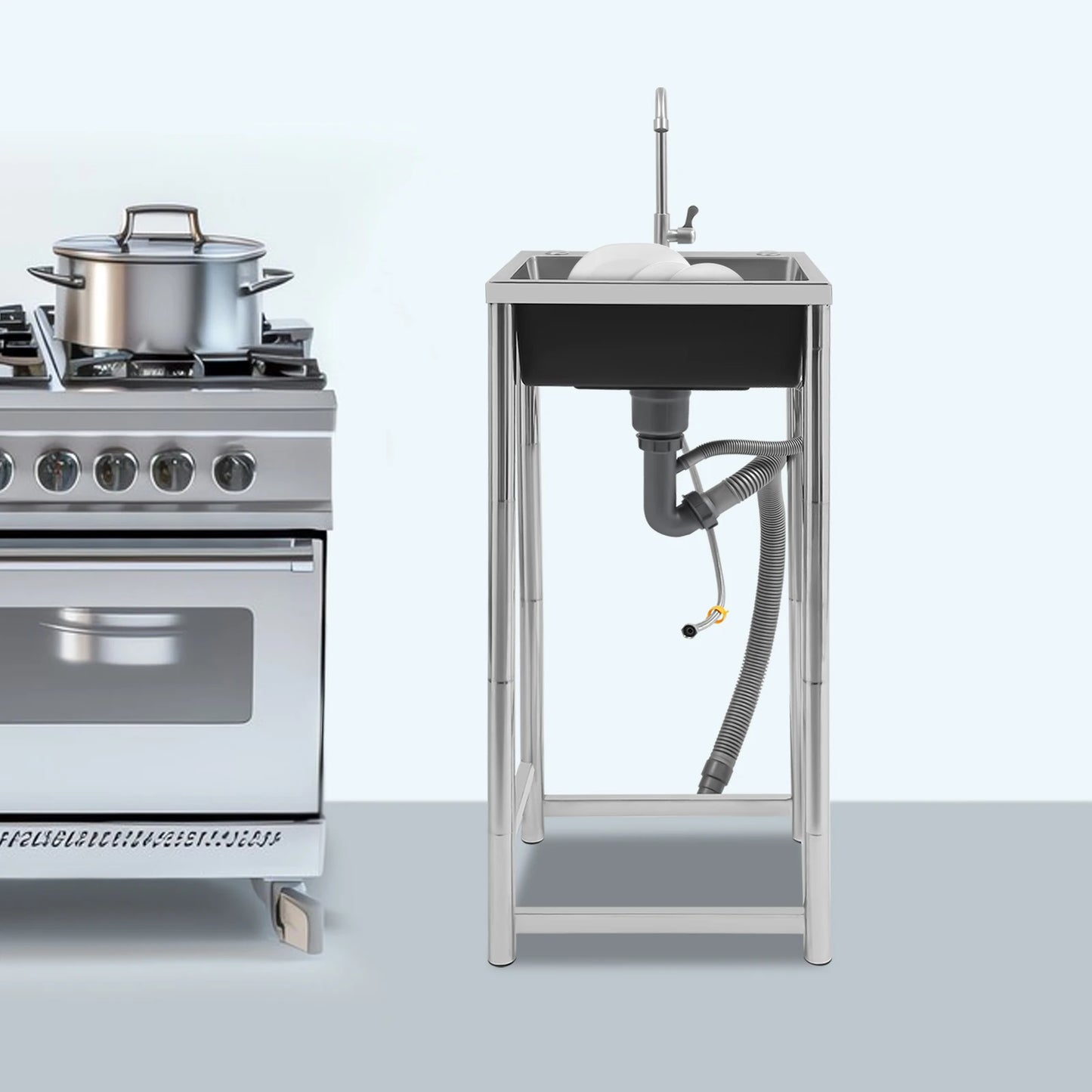 Freistehendes Einzelwaschbecken, Edelstahlspüle mit Wasserhahn, 45 * 40 * 22 cm kommerzielles Küchenspülbecken