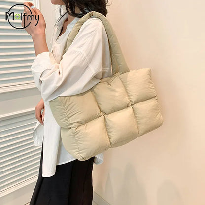 Women Tote Handbags Quilted Plaid Bag Retro Trendy Checkered Waterproof Shoulder Bag Solid Color Winter Soft Large Capacity Bags.