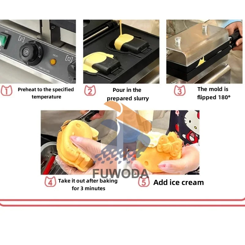 High Cost-Performance Electric Heating Waffle Making Machine Kitty Shaped Non-Stick Snack Cake Machine Open Mouth Waffle Maker.