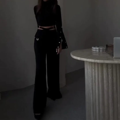 Women Pant Set Work Two Piece Sets Turtleneck Full Sleeve Tops Sexy Wide Leg Long Pants Loose Casual Elegant Matching Sets.