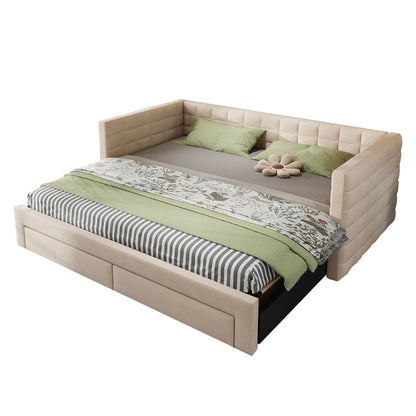 3-in-1 ausziehbares Schlafsofa 90 x 190 cm, Multifunktionsbett mit Schubladen, Einzel-/Doppelbett, Baumwolle und Leinen (Matratze nicht im Lieferumfang enthalten)