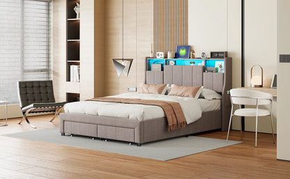 Lazyspace Leinen-Polsterbett, Doppelbettgestell mit Stauraum, Kopfteil und 2 Schubladen, 140/160 x 200 cm, Grau