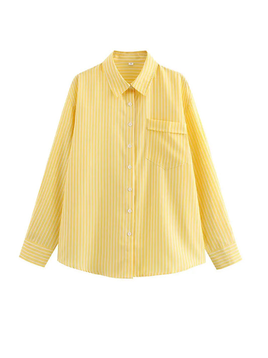 2024 Autumn Women Elegant Stripe Long Sleeves Casual Shirt For Woman Lapel Single-Breasted Loose Slim Blouse Top Streetwear.