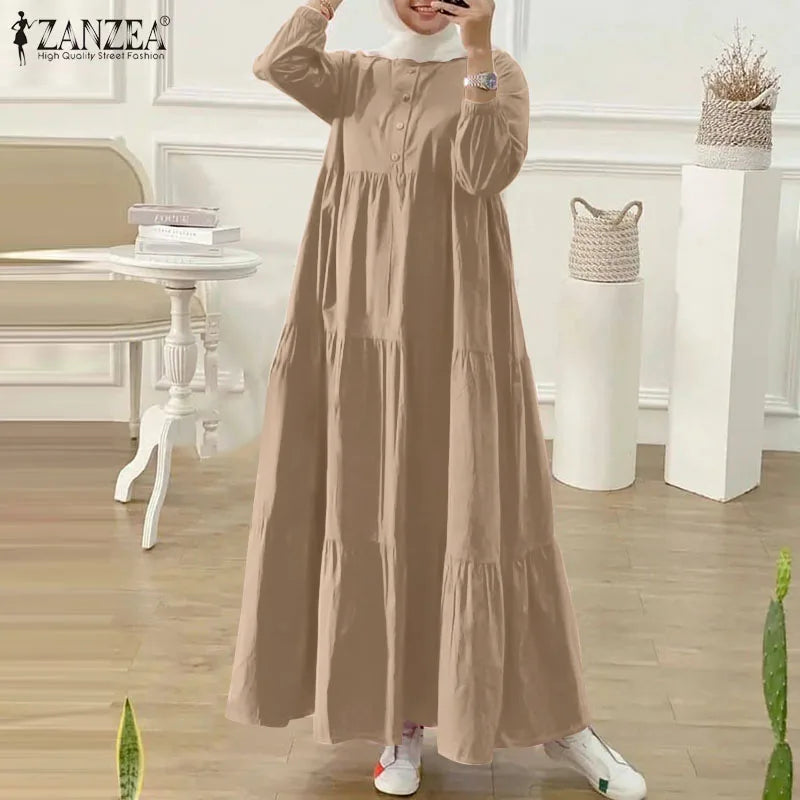 ZANZEA O Neck Casual Loose Maxi Dress Tiered Islamic Hijab Women Long Sleeve Long Vestidos Muslim Fashion Autumn Abaya Robes.