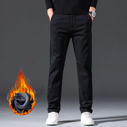 Winter Casual Men Classic Style Business Warm Plush Trousers Regular Thick Fur Pants Male Fleece Elastic Straight Formal Pants.