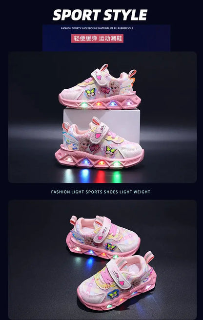 Disney LED Casual Sneakers For Spring Girls Frozen Elsa Princess Print Pu Leather Shoes Children Lighted Non-slip Pink Purple.