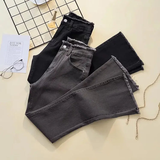 Black High-waisted Elastic Slimming Jeans For Women Micro Flared Straight Leg Loose Fit Wide Leg Fringebell Bottom Pants Trendy.