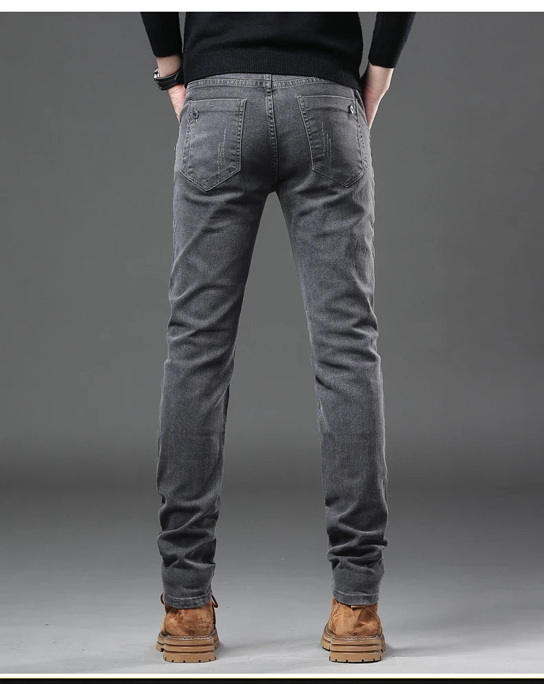 New Pure Gray Korean Slim Jeans Men's Stretch Tight Trendy Jean Trousers Branded Streetwear Comfortable Man Clothing Pants.