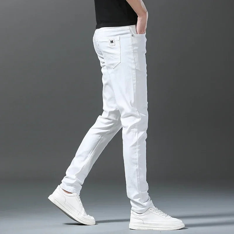 2025 Spring Summer New 98%Cotton Men's Slim Jeans Straight Casual Fashion Pencil Pants High Quality Trousers Male Clothes White.