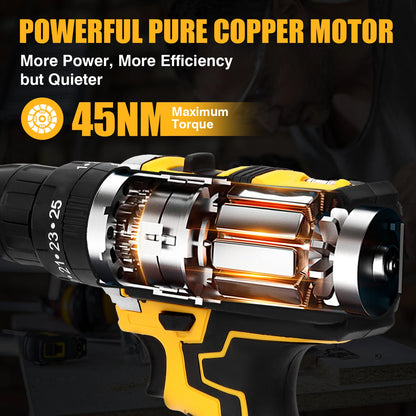 Jemi Tool 12 V/21 V Akku-Bohrschrauber, 45 Nm Schlagbohrmaschine, 25+3 Drehmomenteinstellung, mit 45 optionalen Zubehörteilen