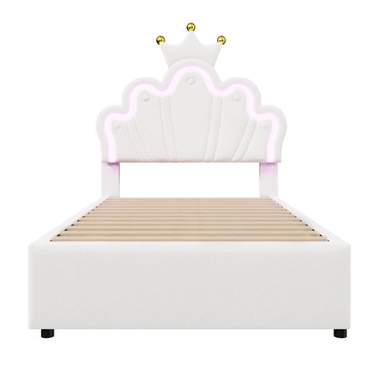 Polsterbett ohne Matratze, ferngesteuertes Umgebungslichtbett mit 2 Schubladen, kronenförmiges Prinzessinnenbett, verstellbarer Kopf, PU, Weiß