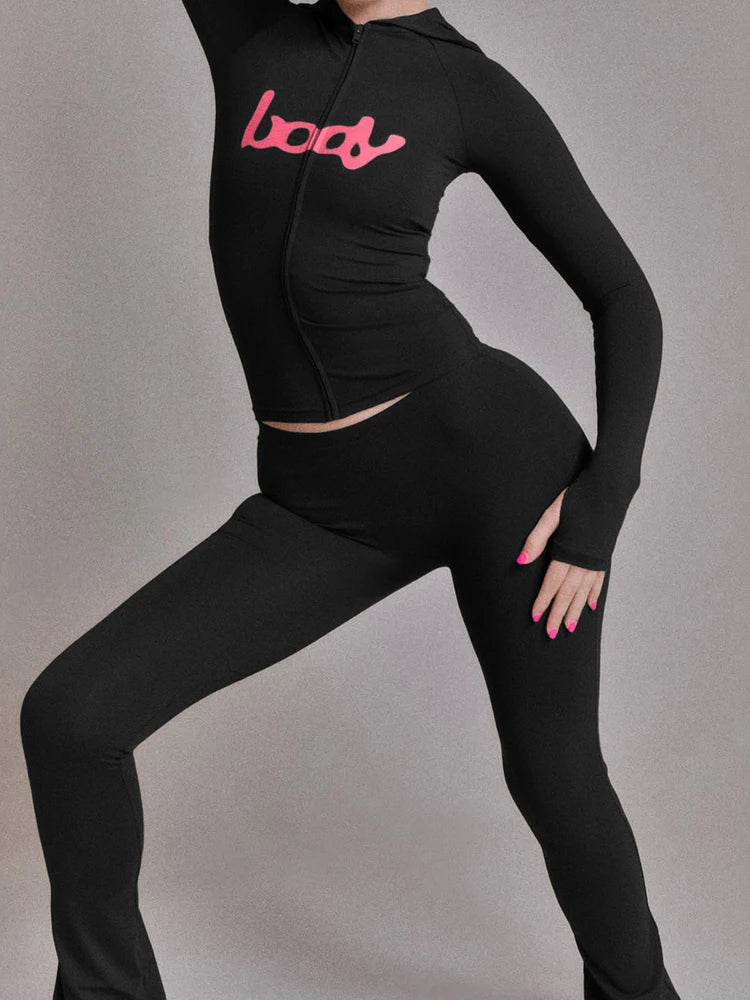 Weird Puss Letter Print 2 Piece Set Women Tracksuit Hooded Jacket+Leggings Matching Stretch Streetwear Casual Sporty Outfits.