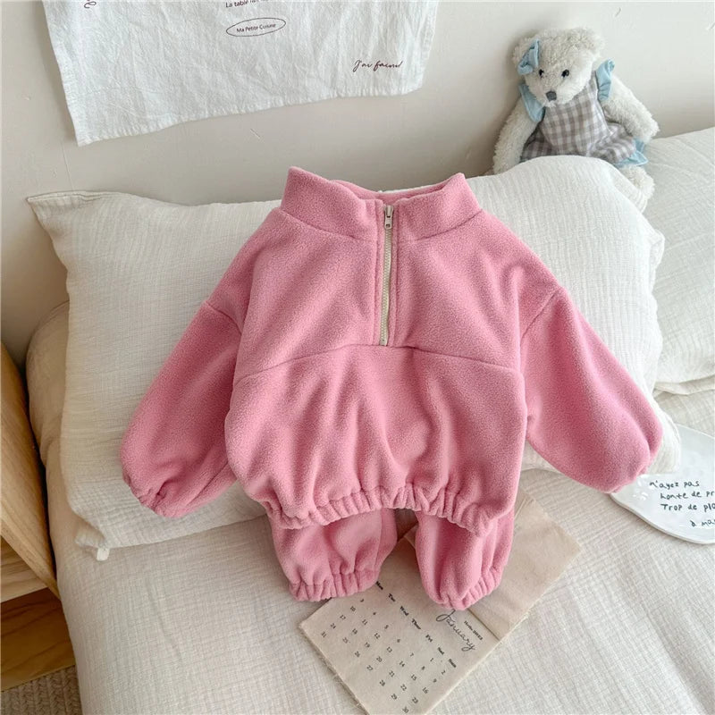 Kids Fleece Warm Set Winter Plus Velvet Outfits Long Sleeved Pullover Tops+Pants 2Pcs Autumn Children's Casual Clothing Suits.