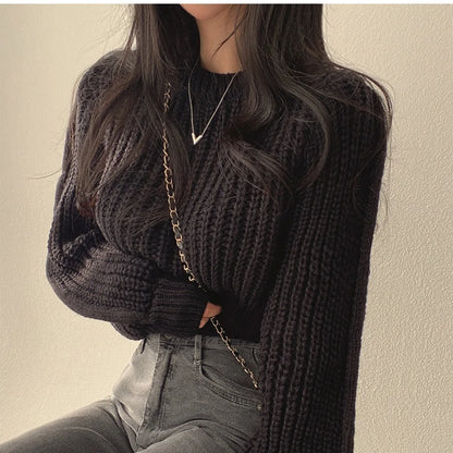 Koreanische Lose Langarm Pullover Mode Frauen Harajuku Laterne Stricken Oansatz Solide Grund Jumper Herbst Winter Weiche Warme Pullover