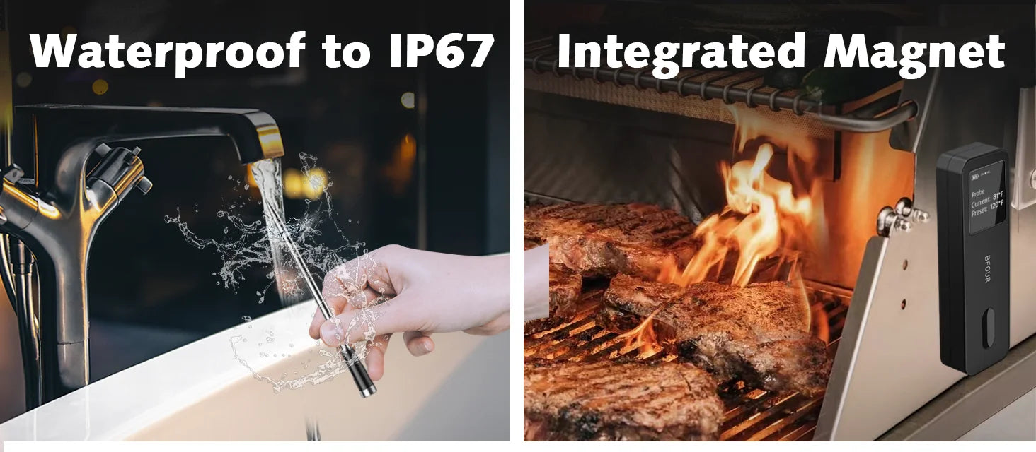 Wireless Bluetooth Meat Thermometer IP67 Waterproof Probes with LCD Screen Booster Rechargeable for Grilling Smoker BBQ Oven.