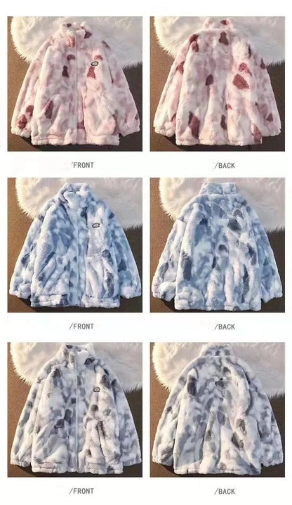 Neue frauen Tie Dye Lamm Fleece Jacke Herbst Winter Zipper Oberbekleidung Warme Plüsch Jacken Harajuku Casual Lose Weibliche Dicken Mantel