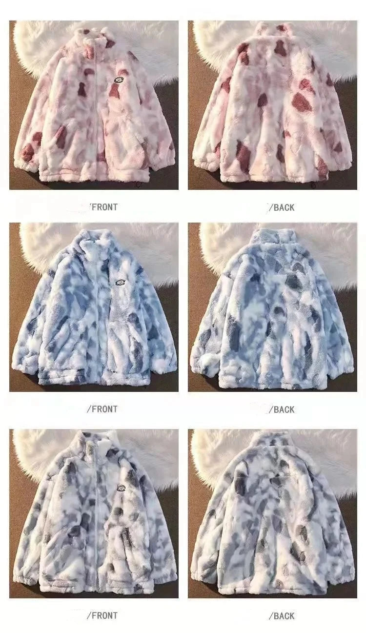 Neue frauen Tie Dye Lamm Fleece Jacke Herbst Winter Zipper Oberbekleidung Warme Plüsch Jacken Harajuku Casual Lose Weibliche Dicken Mantel