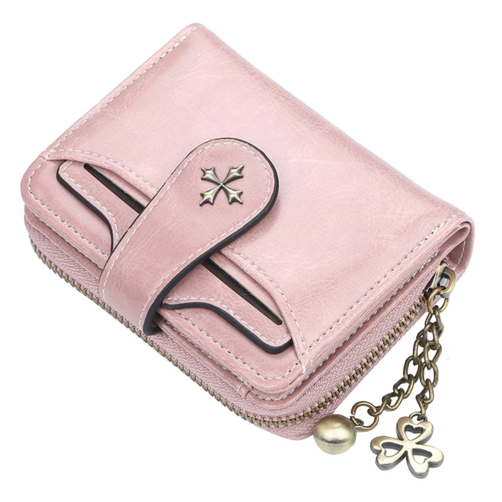 Women's Short Oil Wax Leather Coin Purse Fashion Buckle Zipper Wallet Driver's License Card Bag.