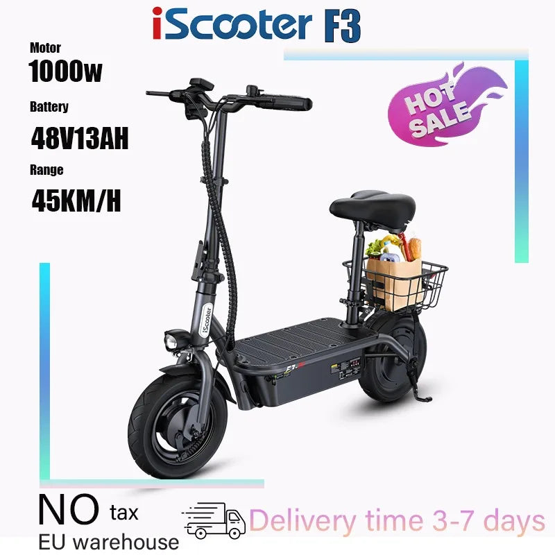ISCOOTER F3 Electric scooter 1000W motor 48V13AH battery foldable electric scooter, adult electric scooter with seat 45 km/h.