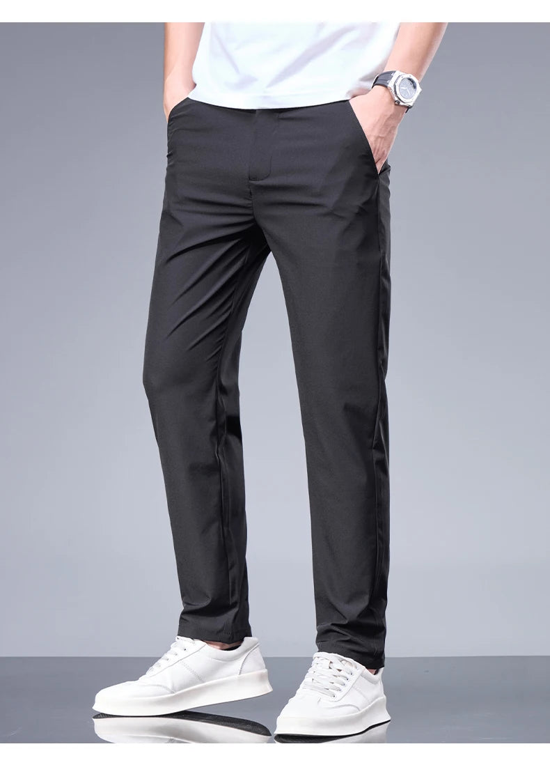 Summer New Business Ice Silk Pants Straight Elastic Waist Black Gray Trousers Breathable Simple Male Clothing Casual Suit Pants.