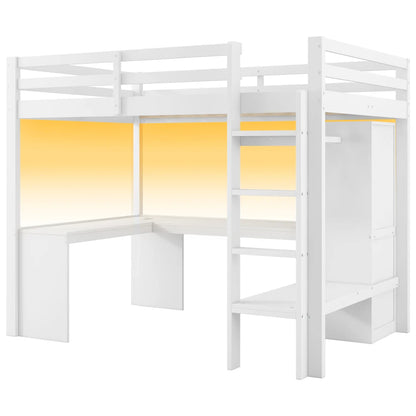 Modernes Kinder-Hochbett 140 x 200 mit Multifunktionsregalen, Unterbett-Schreibtisch, LED-Licht und USB, Kleiderschrank mit Stauraum, für Schlafzimmer