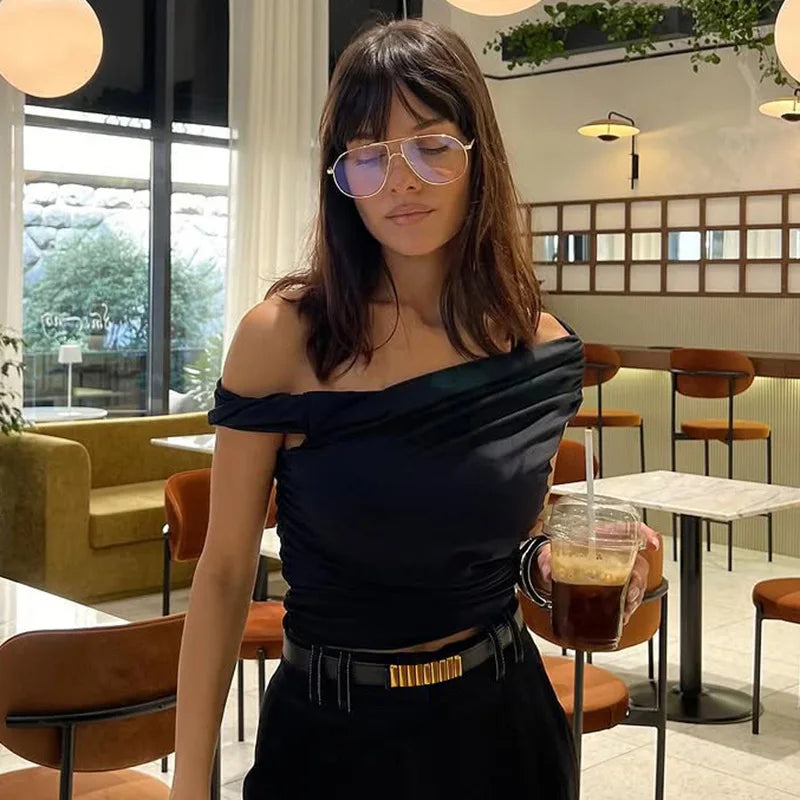 BOOFEENAA Asymmetrical One Shoulder Crop Tops Black Blue Sexy T Shirts for Woman Summer 2025 C95-BA13.