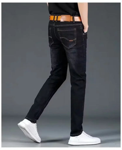 Summer Men's Stretch Jeans Straight-Leg Loose-Fit Business Casual Versatile Long Pants Lightweight Wear-Resistant.