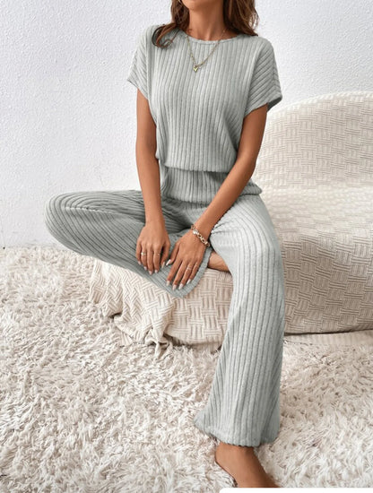 Two Piece Pant Sets Women Straight Pants Tops Pullover Short Sleeve Round Neck Spliced Top Solid Casual Streetwear Summer.