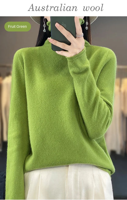 2025 100% Merino Wool Sweater Elegant Cashmere Pullover Women Pile Collar Long Sleeve Knitwear Basic Clothing  Jumper Tops