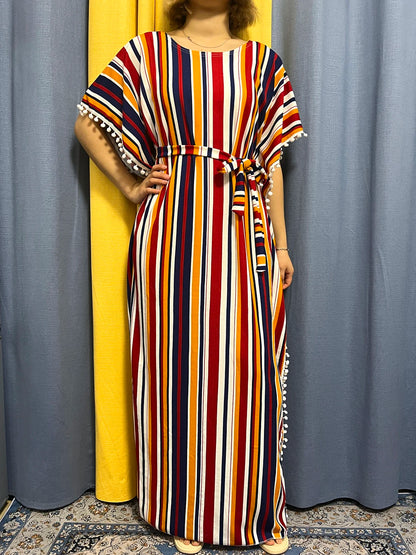 Abayas For Women 2024 Printed Vertical Stripe Tassels Elasticity Loose Fit Femme Robe African Woman Dresses With Belt Headscarf