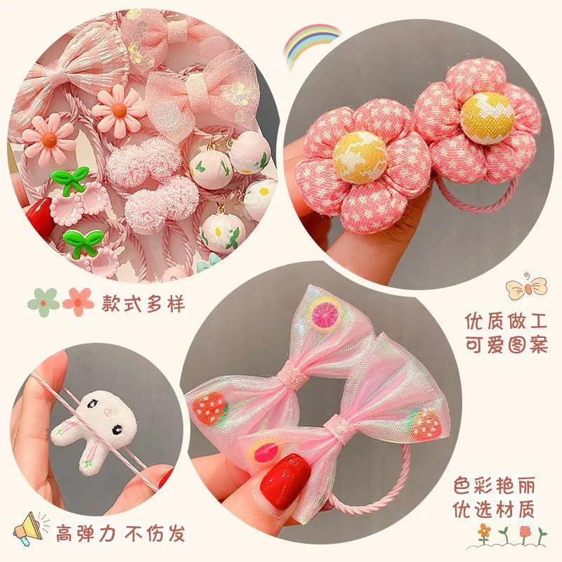 Kawaii Flower Bow Scrunchies Set Children Gift Girls Elastic Hair Rubber Bands Accessories Tie Hair Ring Rope Headdress Headwear.