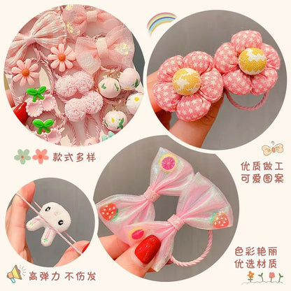 Kawaii Flower Bow Scrunchies Set Children Gift Girls Elastic Hair Rubber Bands Accessories Tie Hair Ring Rope Headdress Headwear.