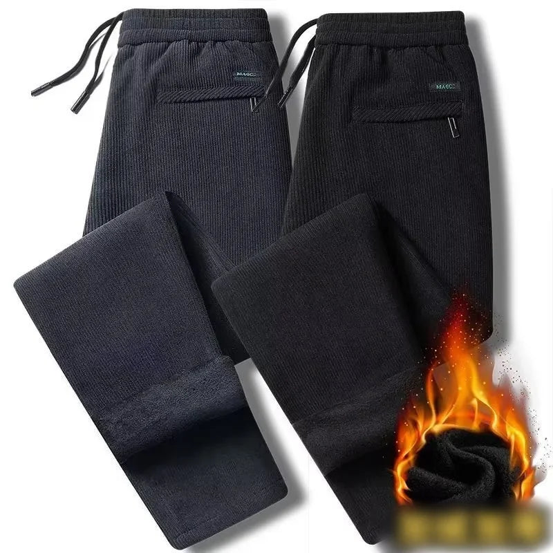 Black gray men's corduroy casual pants with drawstring, thick elastic business pants, mid waist brand winter warm pants.
